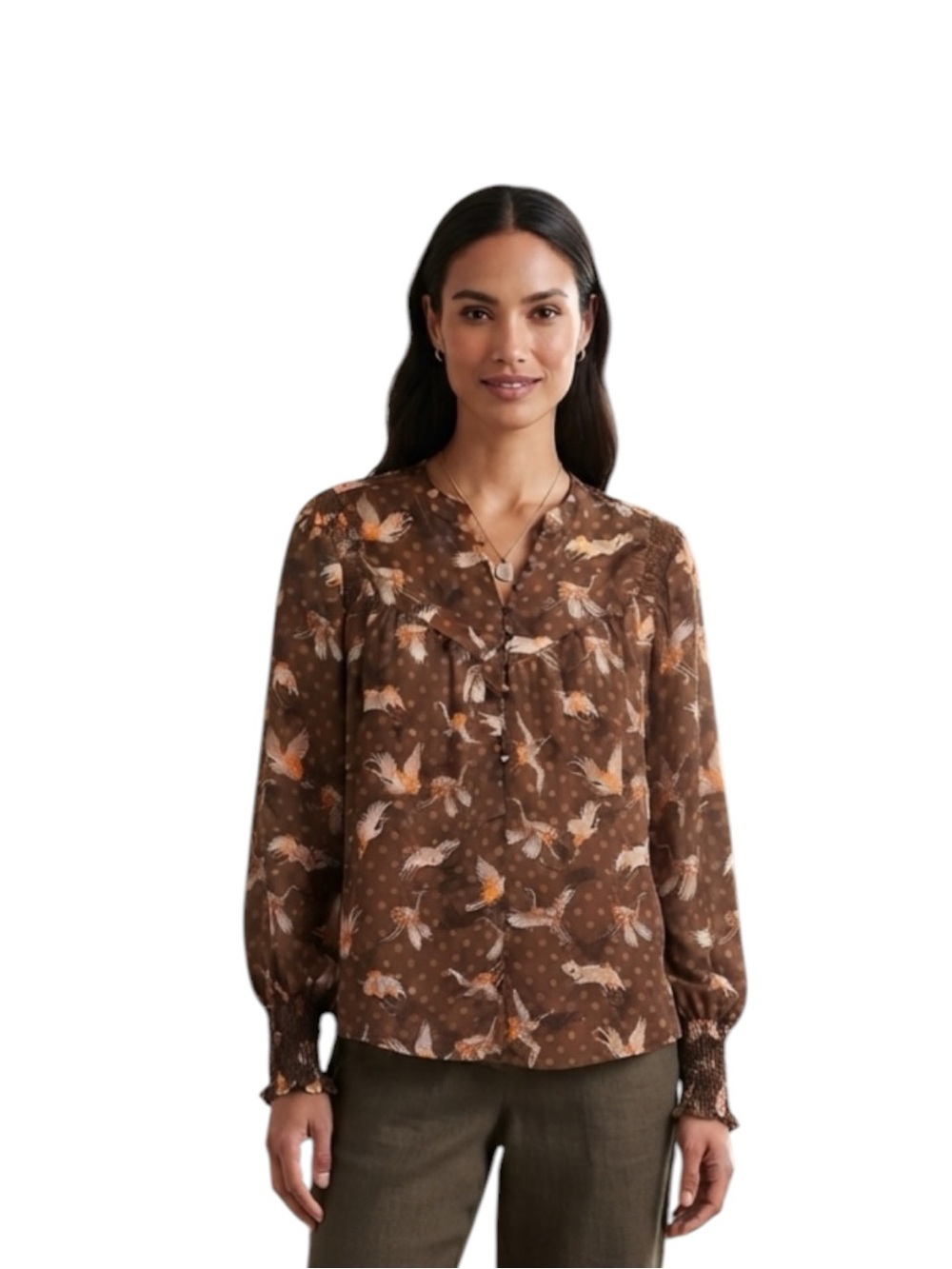 Happy Nature Brown Floral-Print Long-Sleeve V-Neck Blouse Ruffle Detail Size XL
